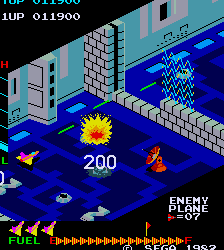 Classic Zaxxon arcade game screenshot with spaceship and obstacles.