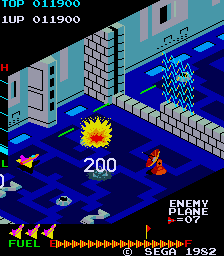 Classic Zaxxon arcade game screenshot with spaceship and obstacles.