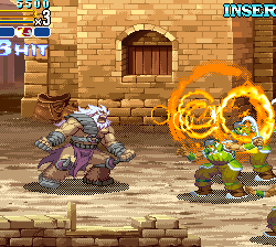 Arcade game screenshot from The Gladiator showing combat scene with characters and fireball effects.