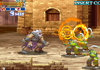 Arcade game screenshot from The Gladiator showing combat scene with characters and fireball effects.