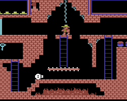 Retro 8-bit game screenshot from Montezumas Revenge with ladders and enemies.