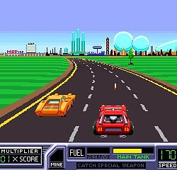 Classic pixel art racing game with two cars on a highway, city skyline in the background.
