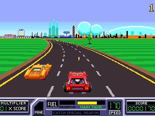 Classic pixel art racing game with two cars on a highway, city skyline in the background.