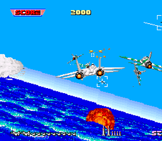 Aircraft combat game screenshot showing fighter jets engaging in aerial dogfights over the ocean.