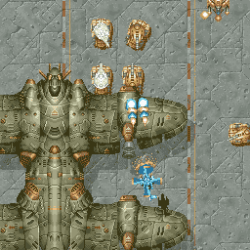 Retro space shooter game with spaceship and enemy ships.