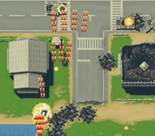 Top-down arcade shooting game with buildings, roads, and explosions.