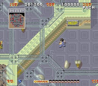 Space Harrier arcade game screenshot, gameplay scene with character shooting enemies.