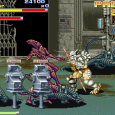 Classic P. Warrior game scene with hero battling alien creatures in a futuristic setting.