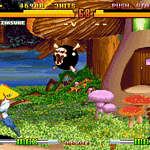 Arcade game scene featuring characters fighting in a colorful environment.