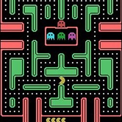 Pac-Man arcade game screenshot with high score display, featuring maze, dots, and colorful character.