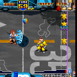 Classic arcade fighting game screenshot featuring two characters battling.