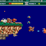 Retro arcade game with spaceships and enemies in space.