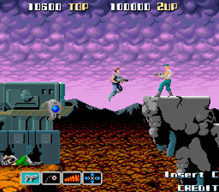 Retro arcade game screenshot with soldiers and explosions.