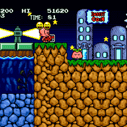Classic pixel art platformer game scene with characters and obstacles.