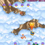 Gameplay screenshot from a classic arcade game with flying characters and obstacles.