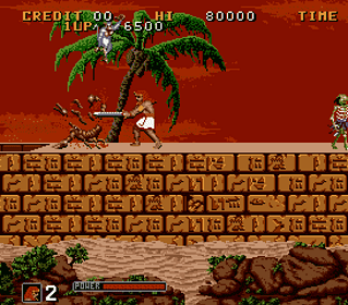 Jungle Warrior Adventure game scene with hero fighting a crocodile under a palm tree.