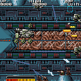 Retro space shooter game with spaceship, enemies, and laser fire.
