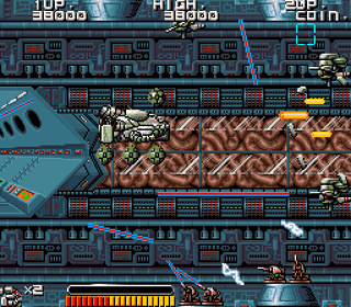 Retro space shooter game with spaceship, enemies, and laser fire.