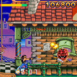 Classic arcade game screenshot featuring a character dodging enemies and obstacles.