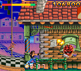 Classic arcade game screenshot featuring a character dodging enemies and obstacles.