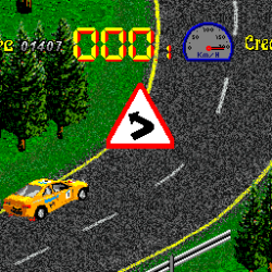 Classic racing game screenshot with a yellow car on a winding road and traffic signs.