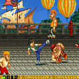 Arcade fighting game scene featuring characters battling on a city street with ships and balloons in.