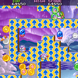 Snow Bros arcade game screenshot featuring colorful snowmen and icy maze levels.