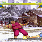 Winter sports game scene featuring characters in a snowy landscape with traditional houses and a sma.