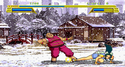 Winter sports game scene featuring characters in a snowy landscape with traditional houses and a sma.