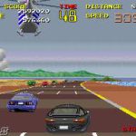 Classic racing game screenshot with cars on a highway at sunset.