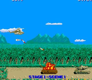 Retro arcade game screenshot with airplane, missiles, and landscape.