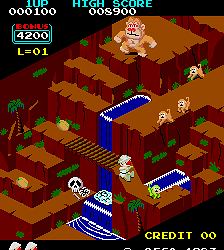 Classic Super Mario Bros. arcade game screenshot with waterfalls and enemies.