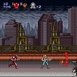 Retro cityscape shooter game with pixel art characters and enemies.