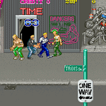 Classic Streets of Rage 2 arcade game scene with characters fighting.