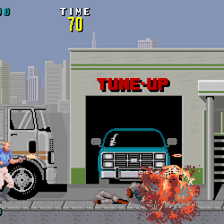 Classic arcade game screenshot featuring a street fight scene with characters and urban background.