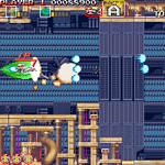 Retro arcade game screenshot with spaceship shooting enemies.