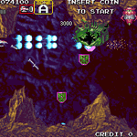 Retro space shooter game with spaceship, enemies, and power-ups.