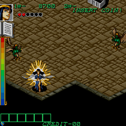Arcade game screenshot featuring a hero with a glowing aura and enemies on a tiled floor.