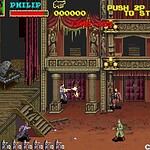 Arcade game scene from Castlevania with characters fighting in a castle.
