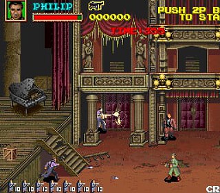 Arcade game scene from Castlevania with characters fighting in a castle.