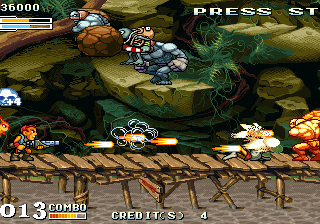 Classic jungle adventure game featuring hero battling enemies on a wooden bridge.
