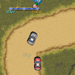 Off-road racing game screenshot with cars navigating a dirt track.