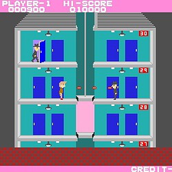 Retro arcade game screenshot of a multi-floor building with characters escaping.