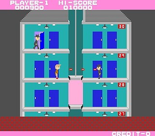 Retro arcade game screenshot of a multi-floor building with characters escaping.