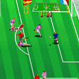 Classic 16-bit soccer game screenshot with players and goalpost.