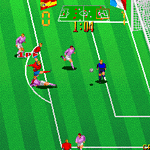 Classic 16-bit soccer game screenshot with players and goalpost.