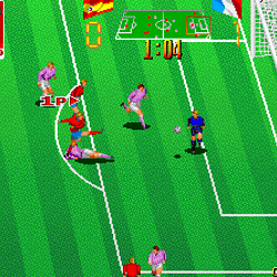 Classic 16-bit soccer game screenshot with players and goalpost.