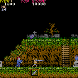 Retro 8-bit game scene with characters fighting in a haunted forest setting.