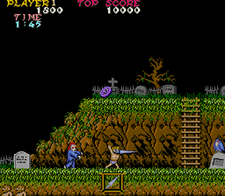 Retro 8-bit game scene with characters fighting in a haunted forest setting.