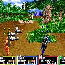 Arcade game Battlezone with soldiers and jungle scene.